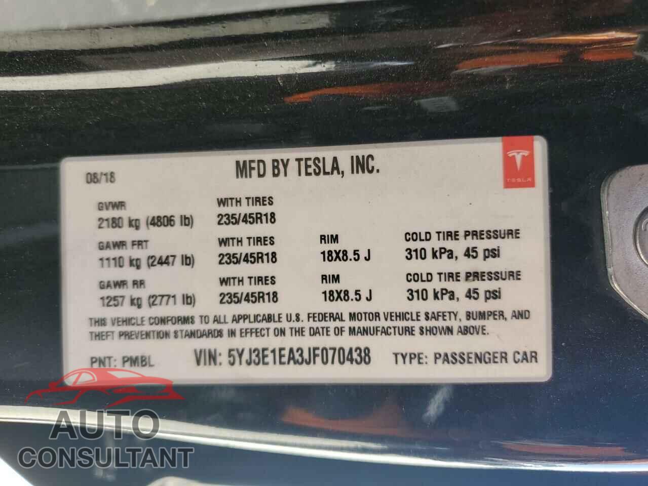 TESLA MODEL 3 2018 - 5YJ3E1EA3JF070438
