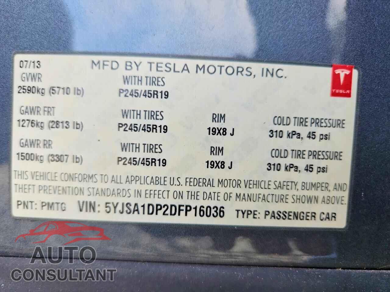TESLA MODEL S 2013 - 5YJSA1DP2DFP16036