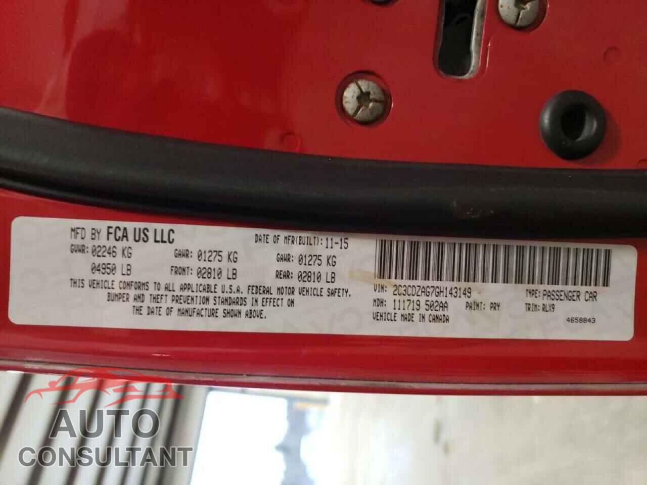 DODGE CHALLENGER 2016 - 2C3CDZAG7GH143149