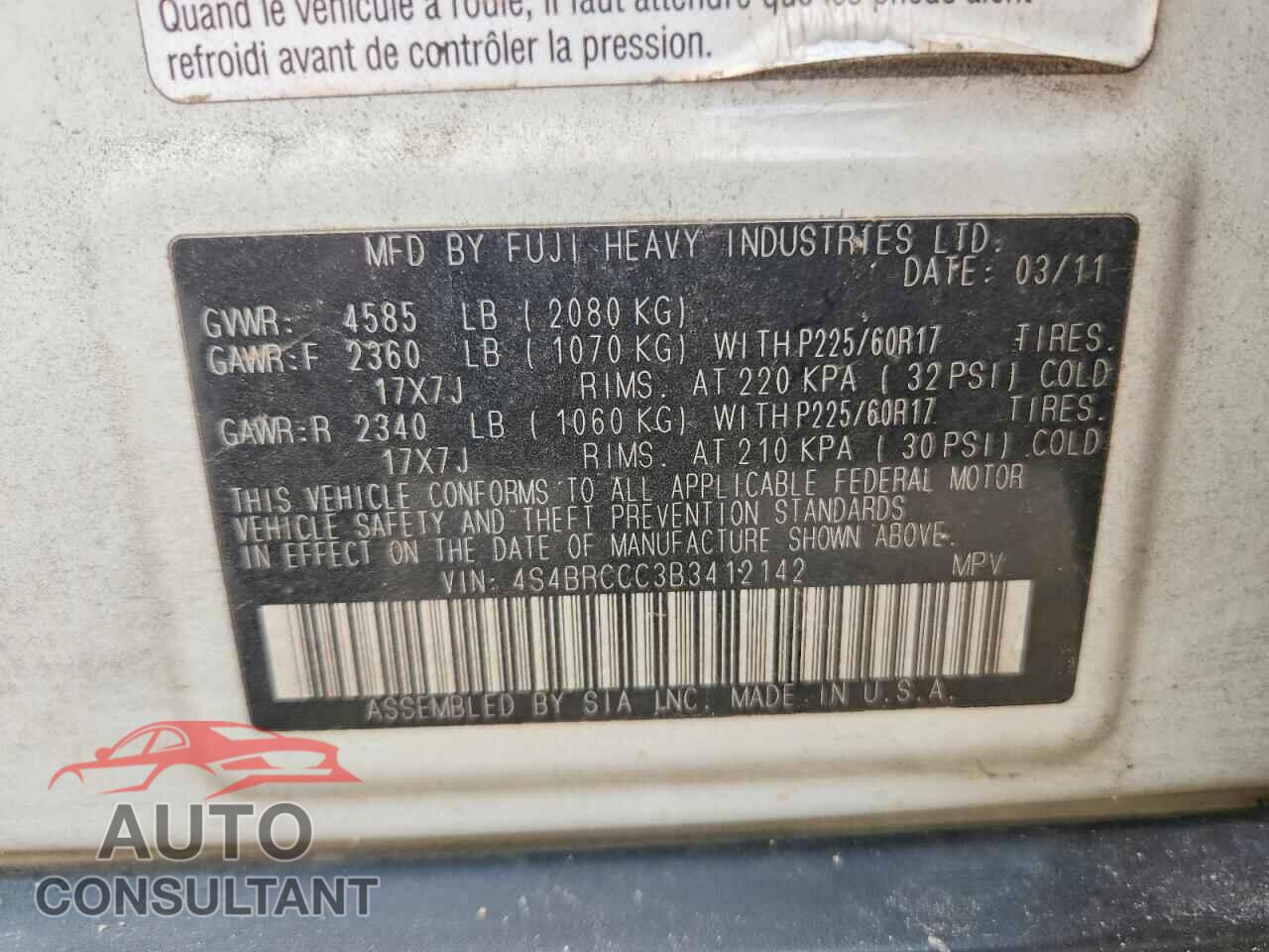 SUBARU OUTBACK 2011 - 4S4BRCCC3B3412142