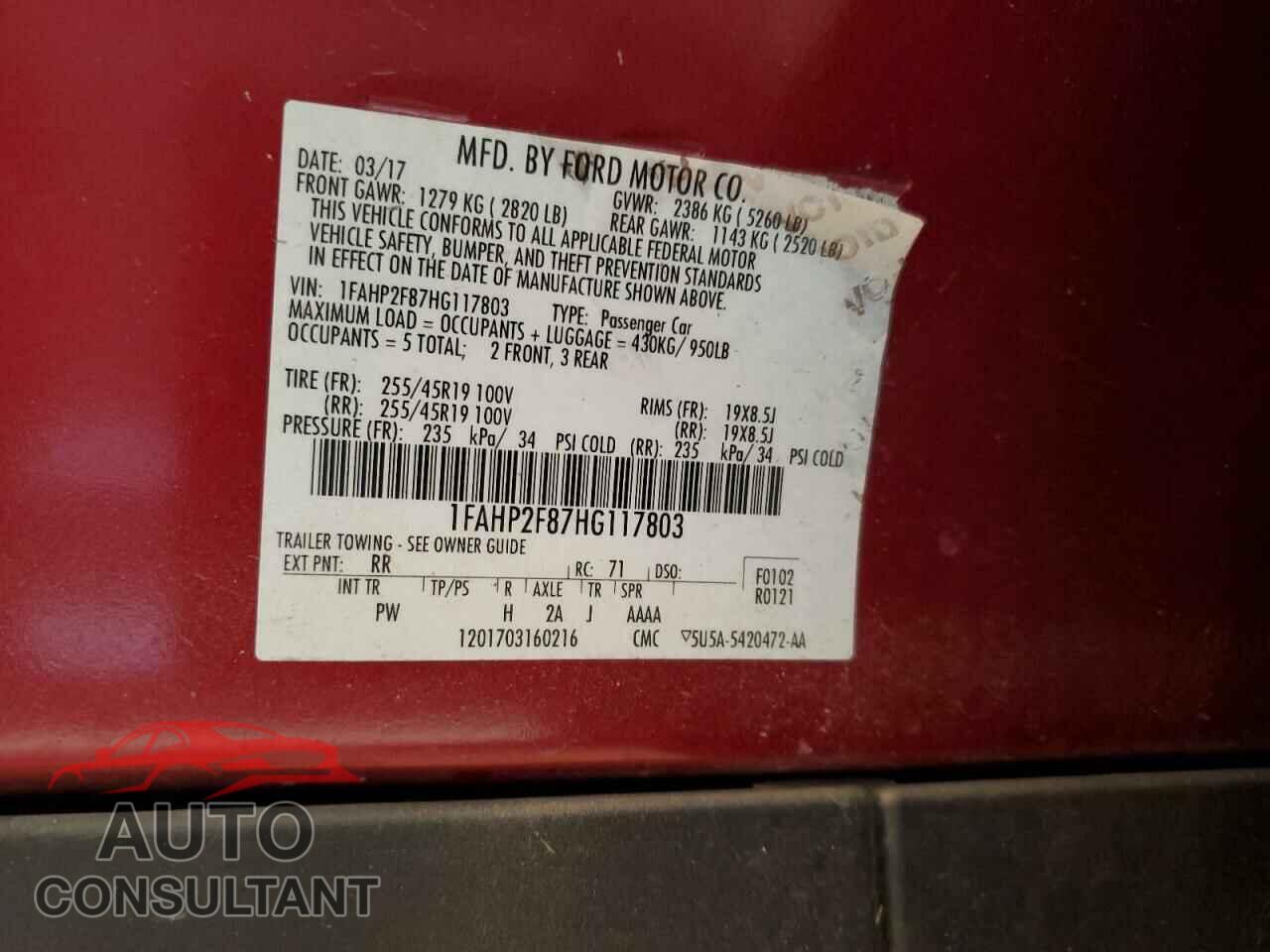 FORD TAURUS 2017 - 1FAHP2F87HG117803