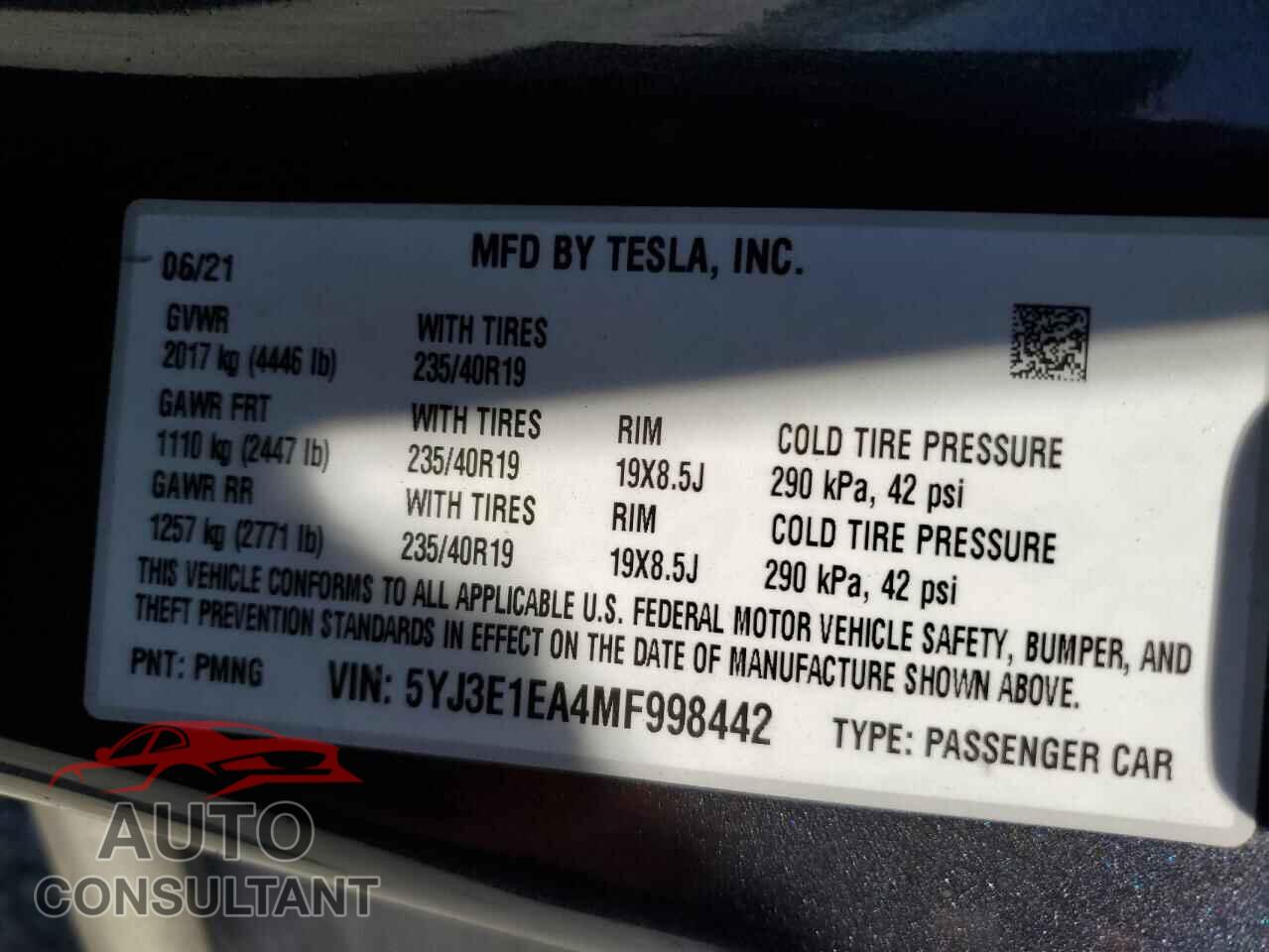 TESLA MODEL 3 2021 - 5YJ3E1EA4MF998442