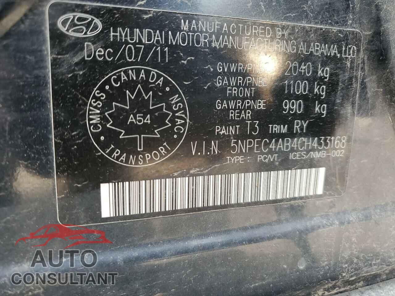 HYUNDAI SONATA 2012 - 5NPEC4AB4CH433168
