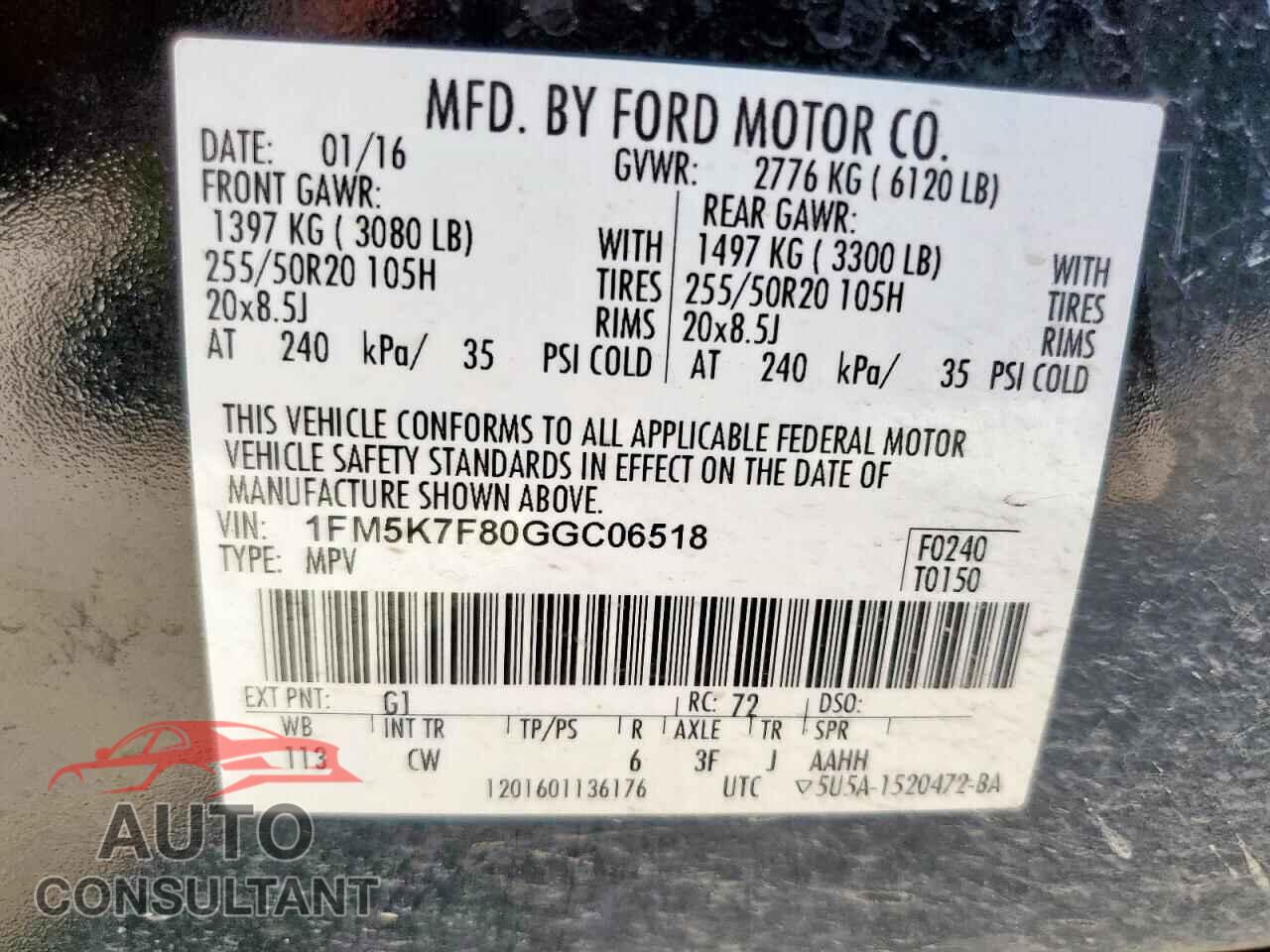 FORD EXPLORER 2016 - 1FM5K7F80GGC06518