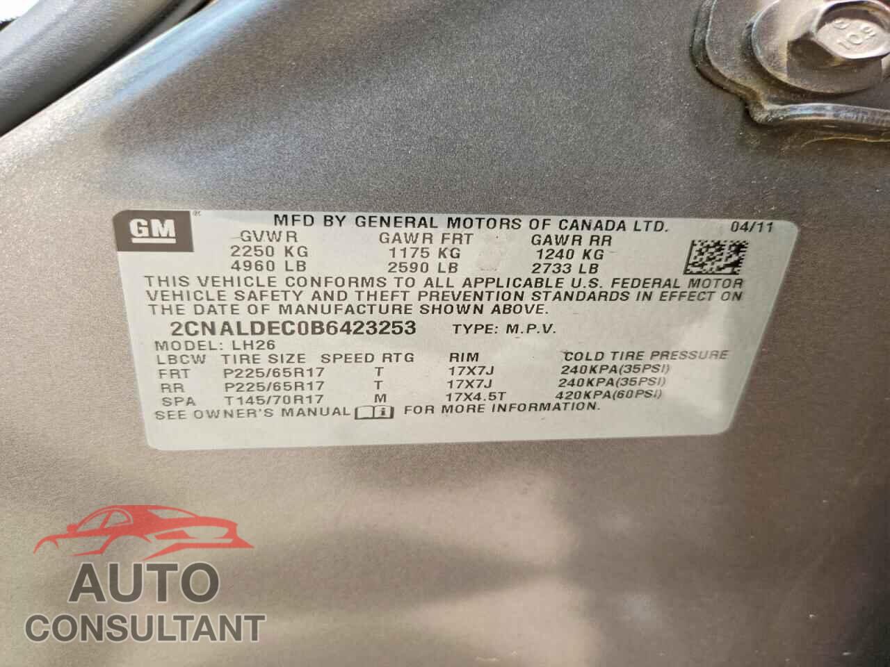 CHEVROLET EQUINOX 2011 - 2CNALDEC0B6423253