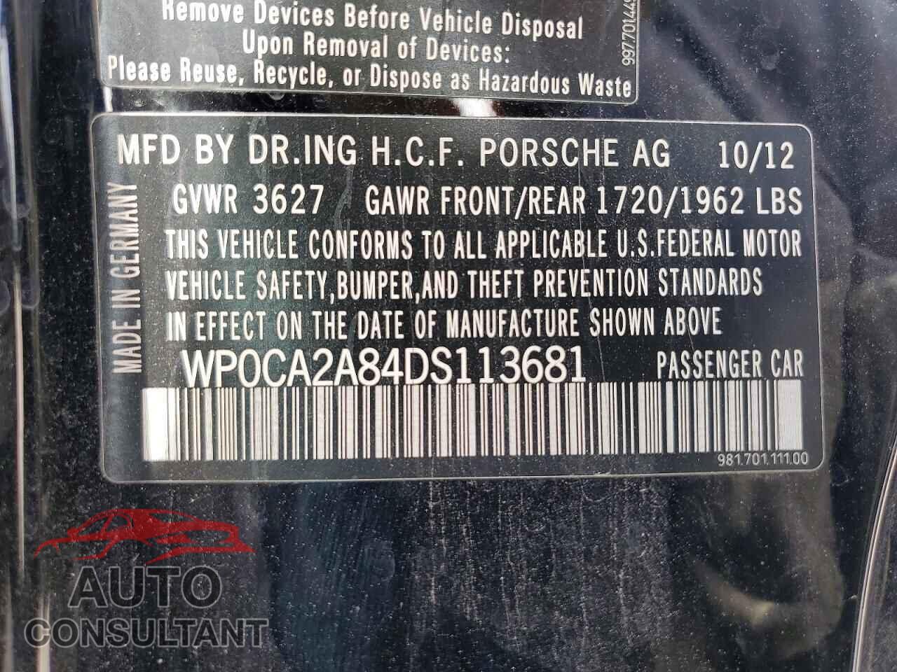 PORSCHE BOXSTER 2013 - WP0CA2A84DS113681