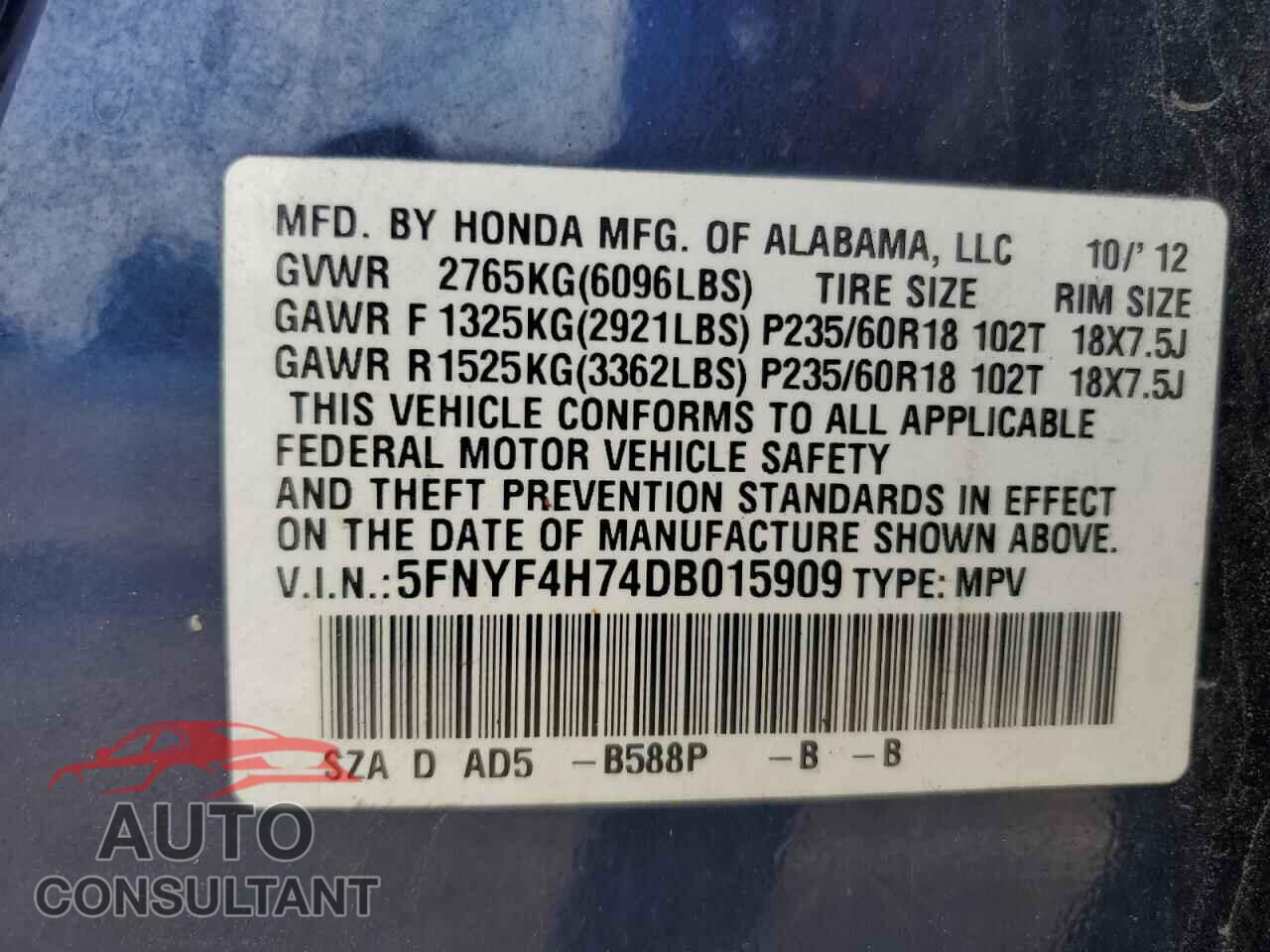 HONDA PILOT 2013 - 5FNYF4H74DB015909