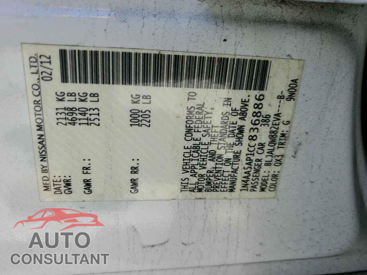 NISSAN MAXIMA 2012 - 1N4AA5AP1CC836886