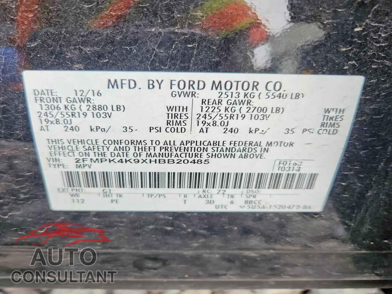 FORD EDGE 2017 - 2FMPK4K9XHBB20485