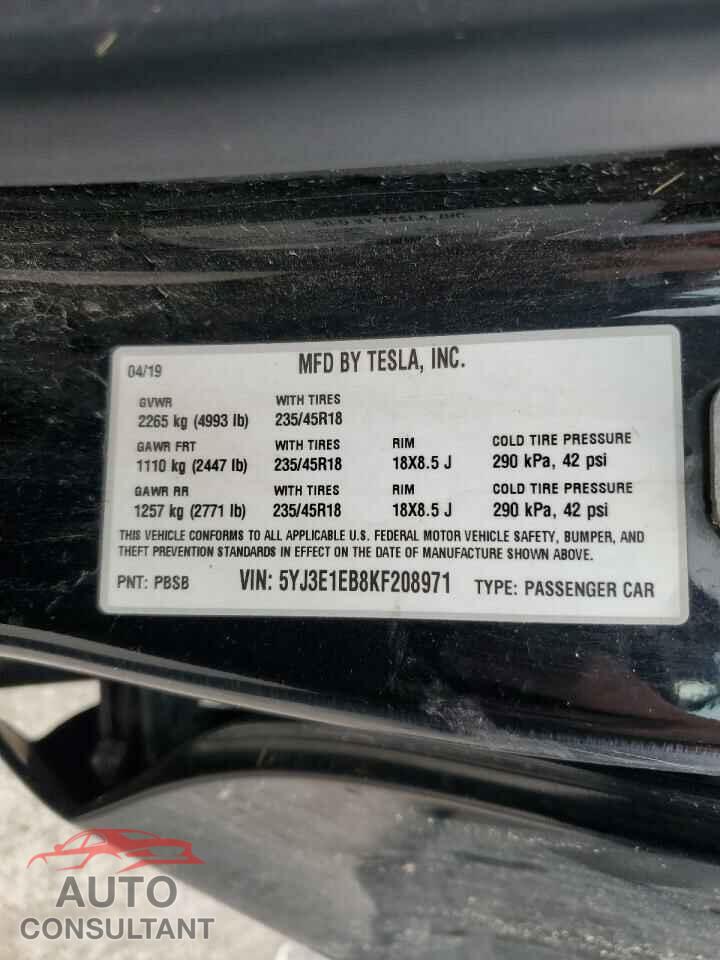TESLA MODEL 3 2019 - 5YJ3E1EB8KF208971