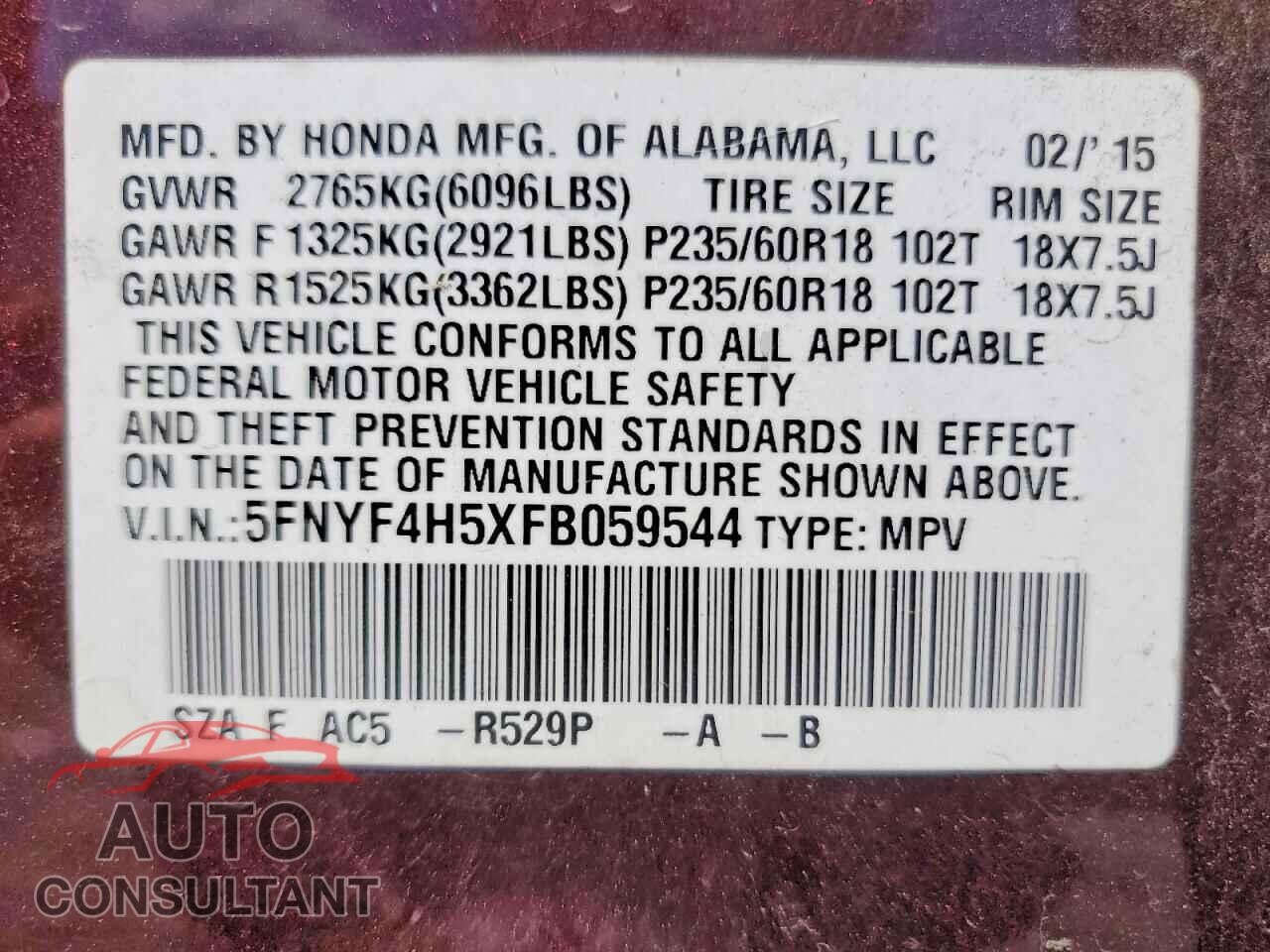 HONDA PILOT 2015 - 5FNYF4H5XFB059544