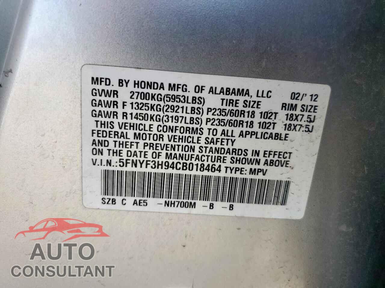 HONDA PILOT 2012 - 5FNYF3H94CB018464