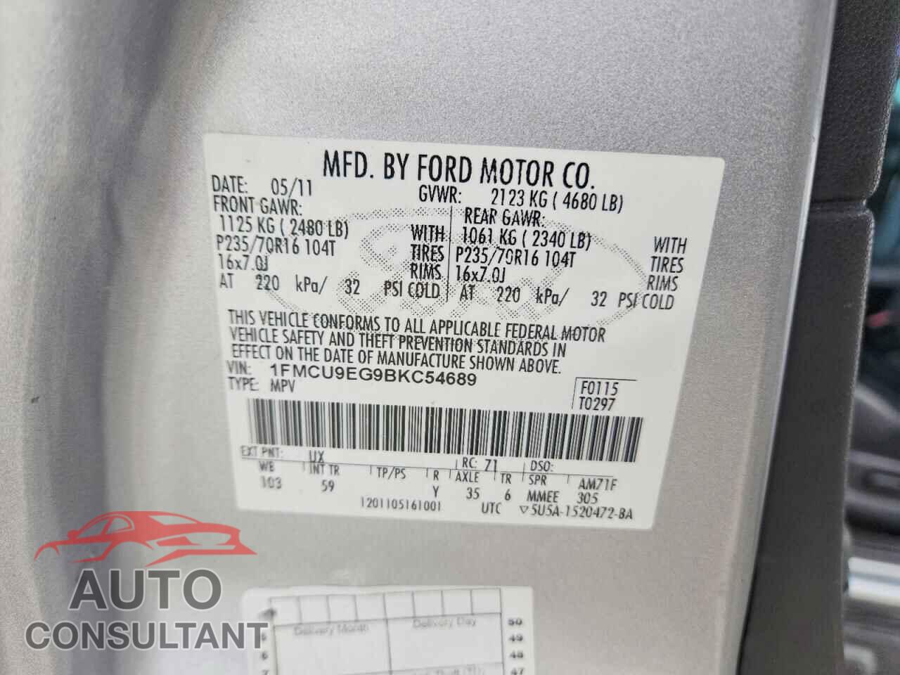 FORD ESCAPE 2011 - 1FMCU9EG9BKC54689