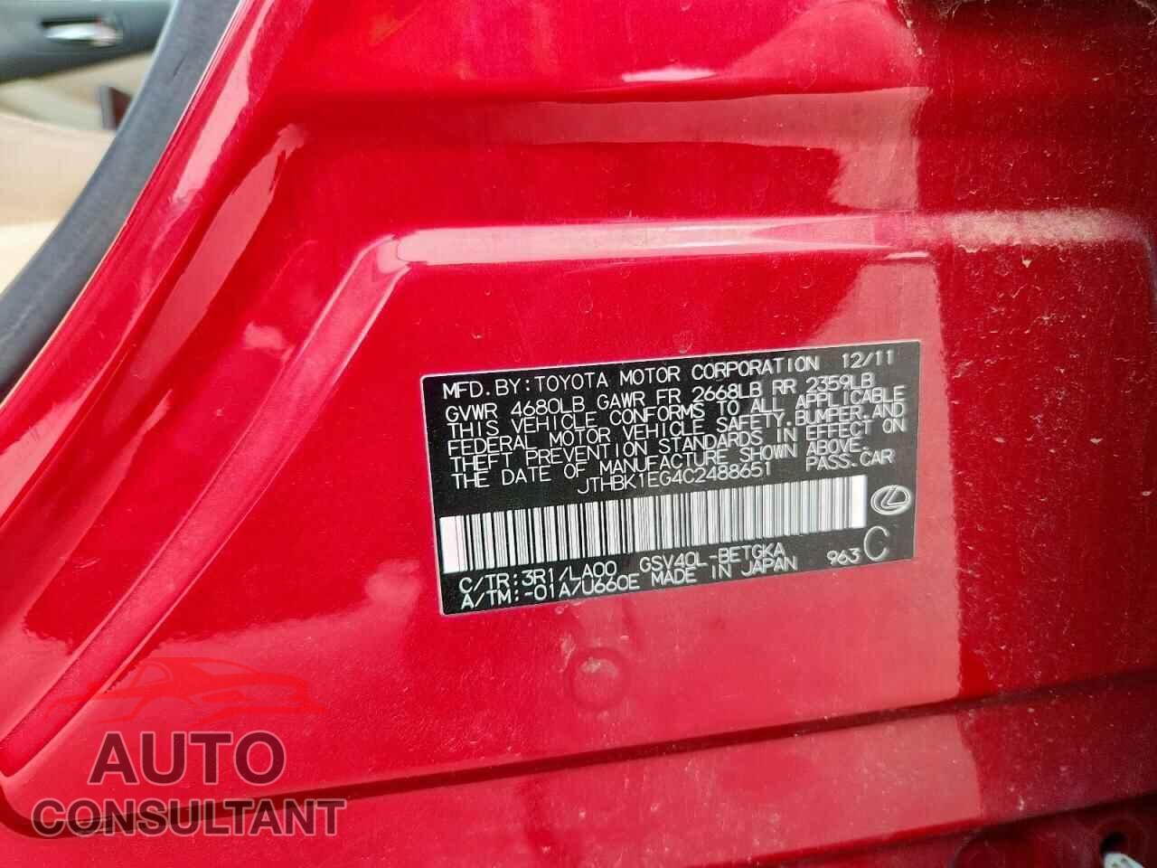LEXUS ES350 2012 - JTHBK1EG4C2488651