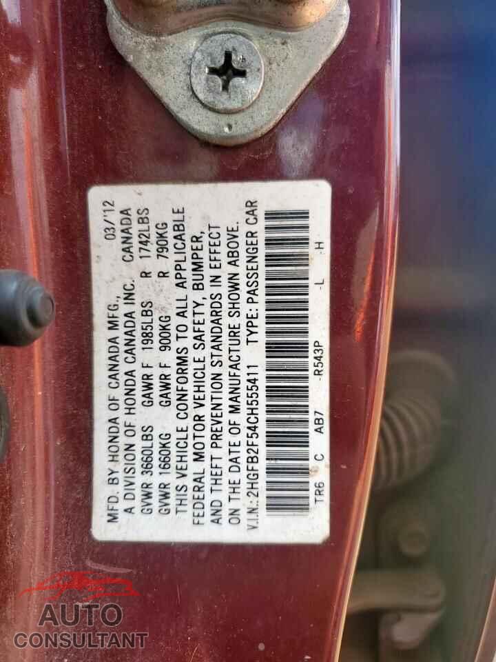 HONDA CIVIC 2012 - 2HGFB2F54CH555411