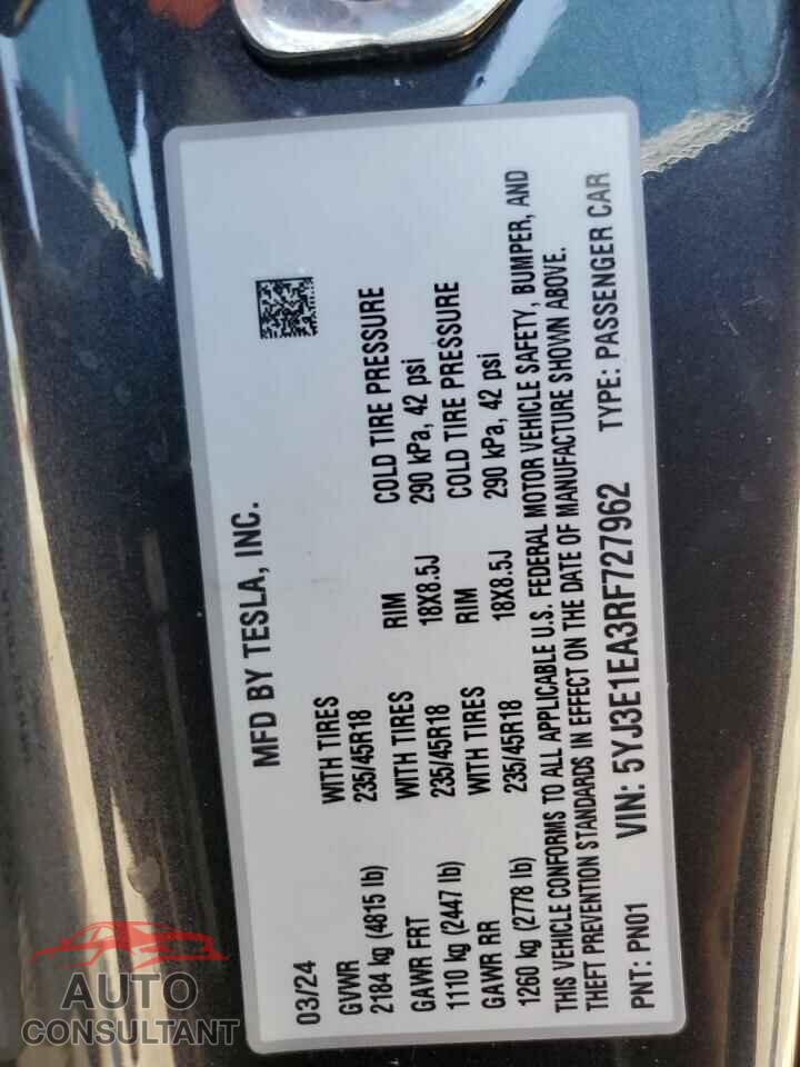 TESLA MODEL 3 2024 - 5YJ3E1EA3RF727962