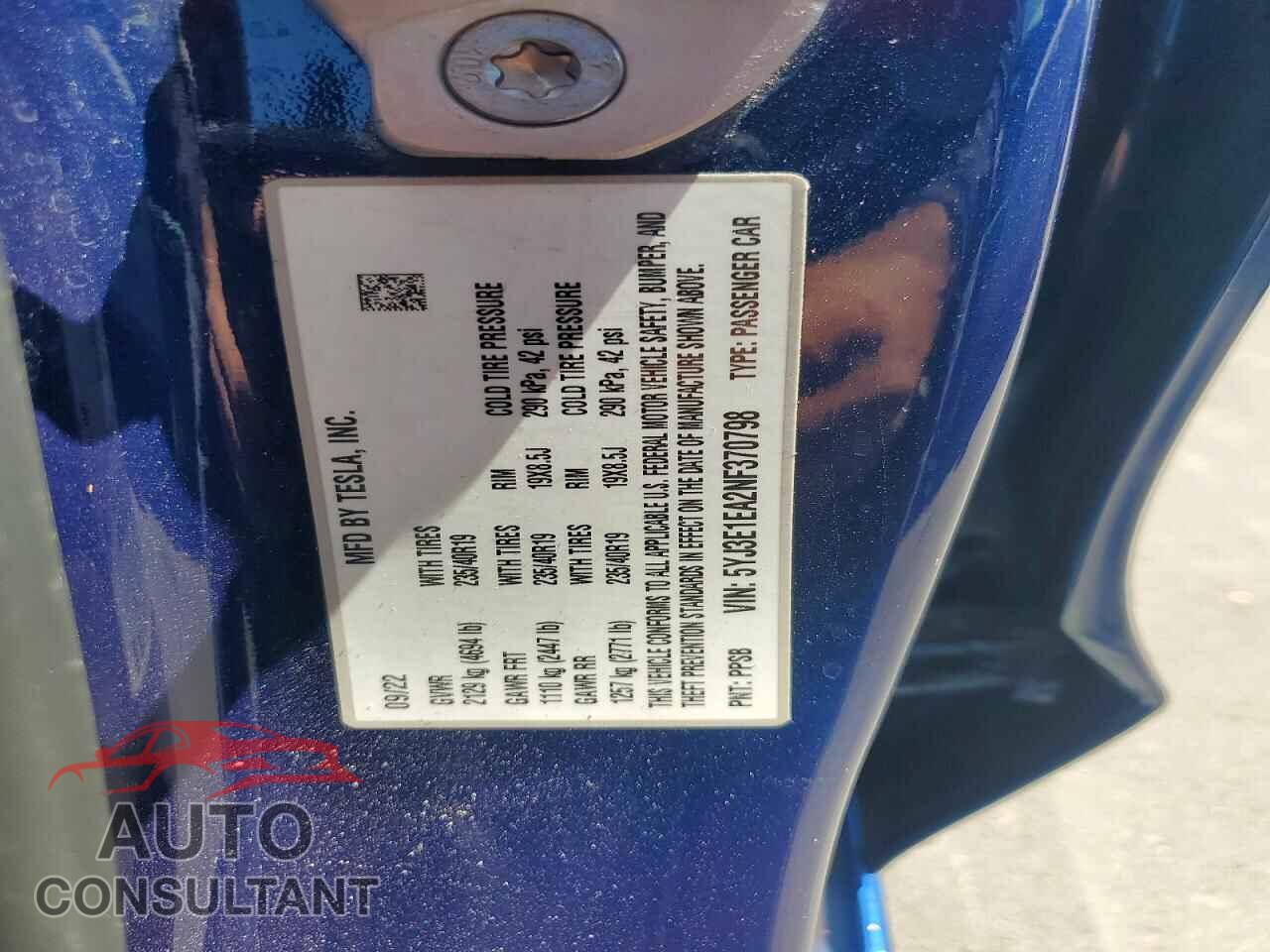 TESLA MODEL 3 2022 - 5YJ3E1EA2NF370798