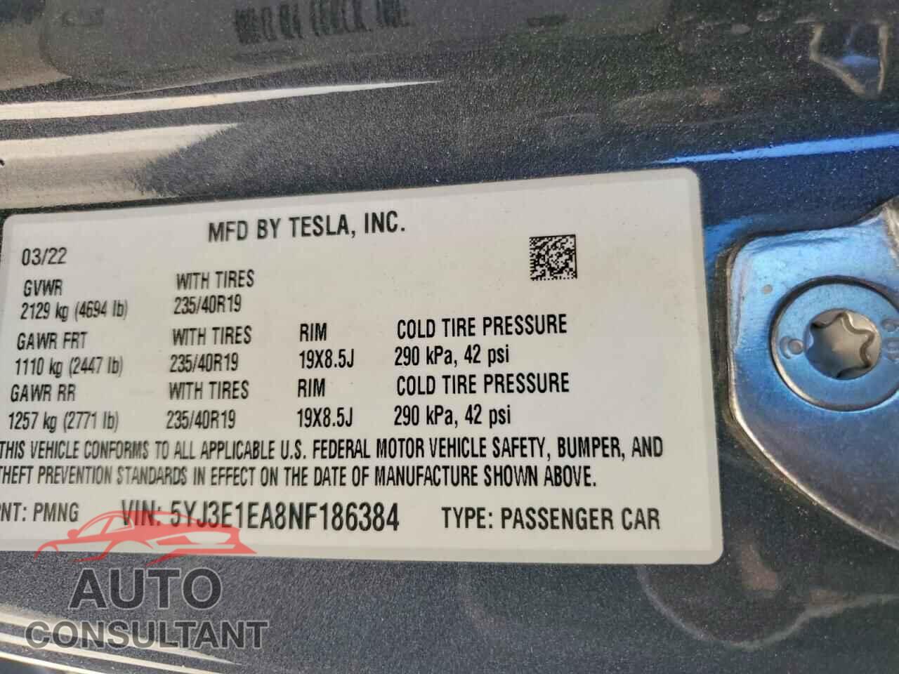 TESLA MODEL 3 2022 - 5YJ3E1EA8NF186384