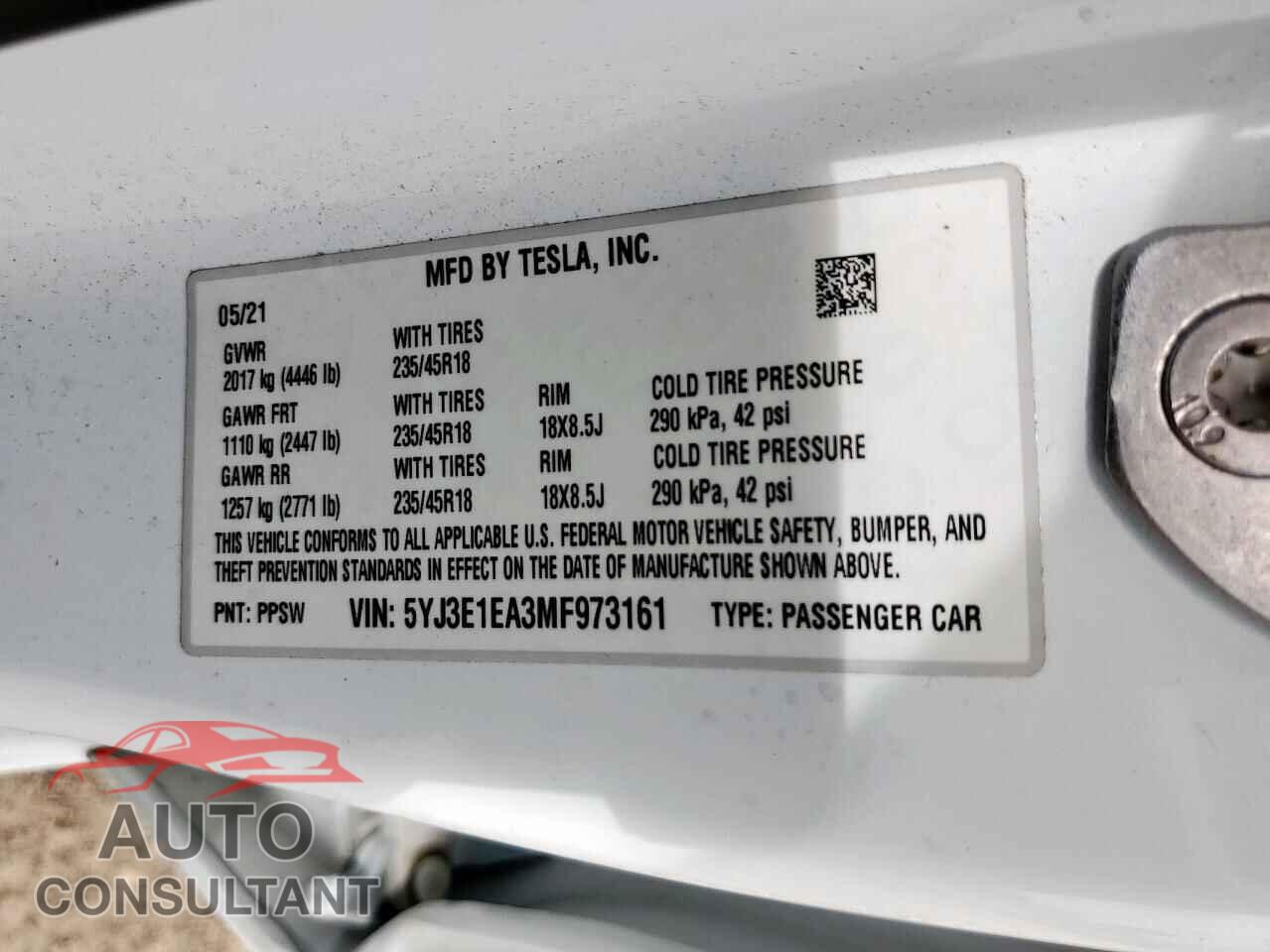 TESLA MODEL 3 2021 - 5YJ3E1EA3MF973161