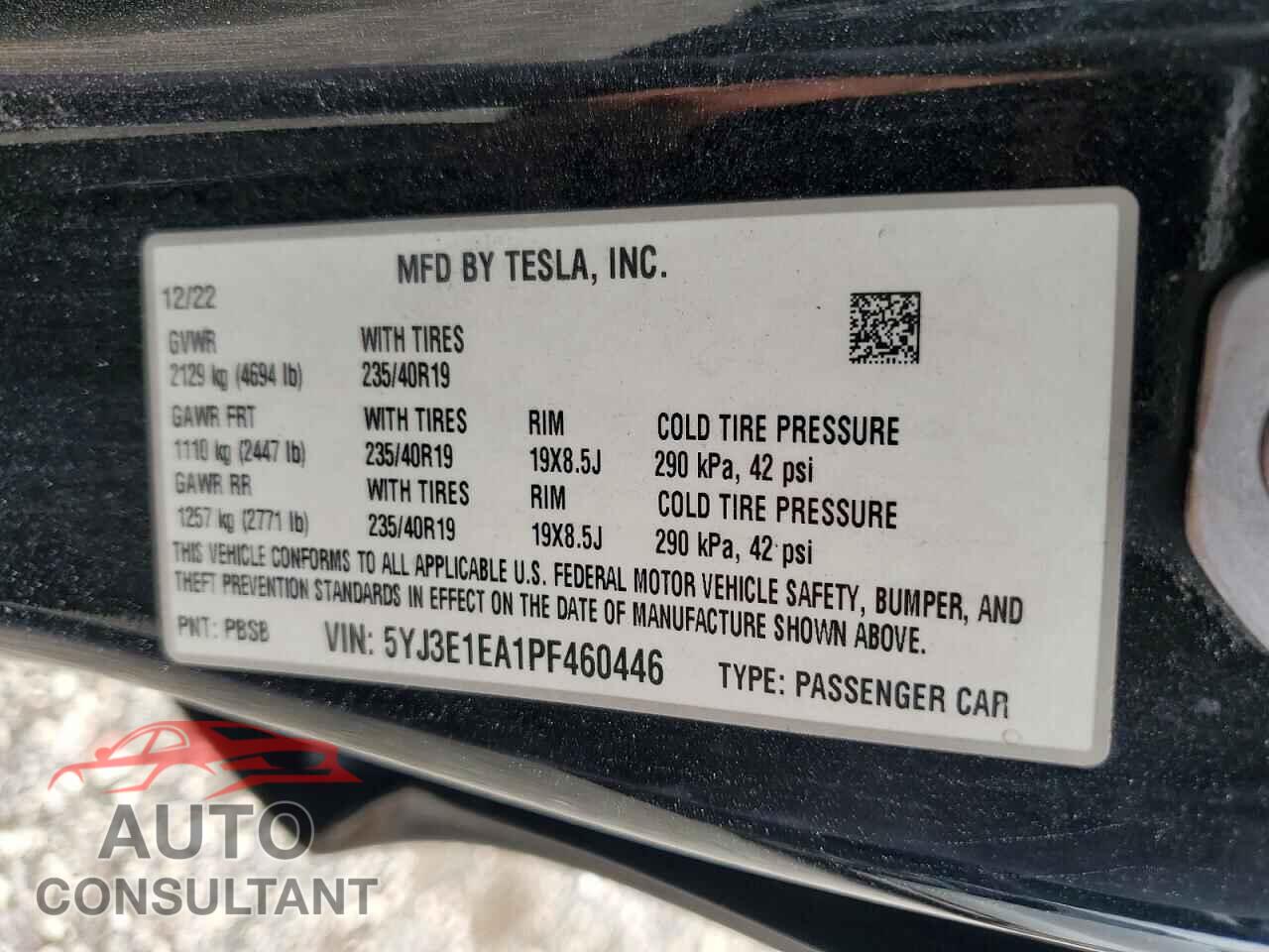 TESLA MODEL 3 2020 - 5YJ3E1EA1PF460446