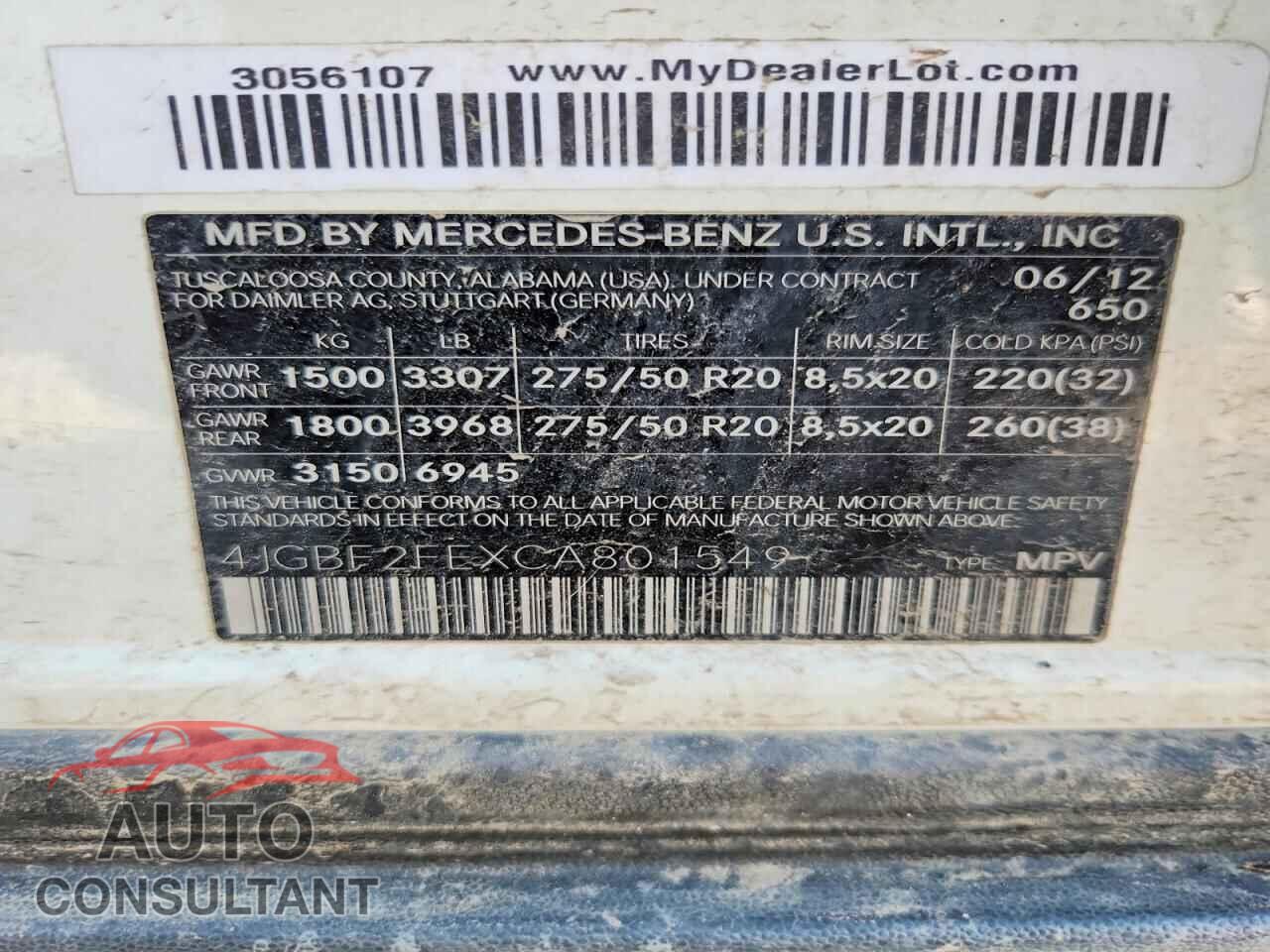MERCEDES-BENZ GL-CLASS 2012 - 4JGBF2FEXCA801549