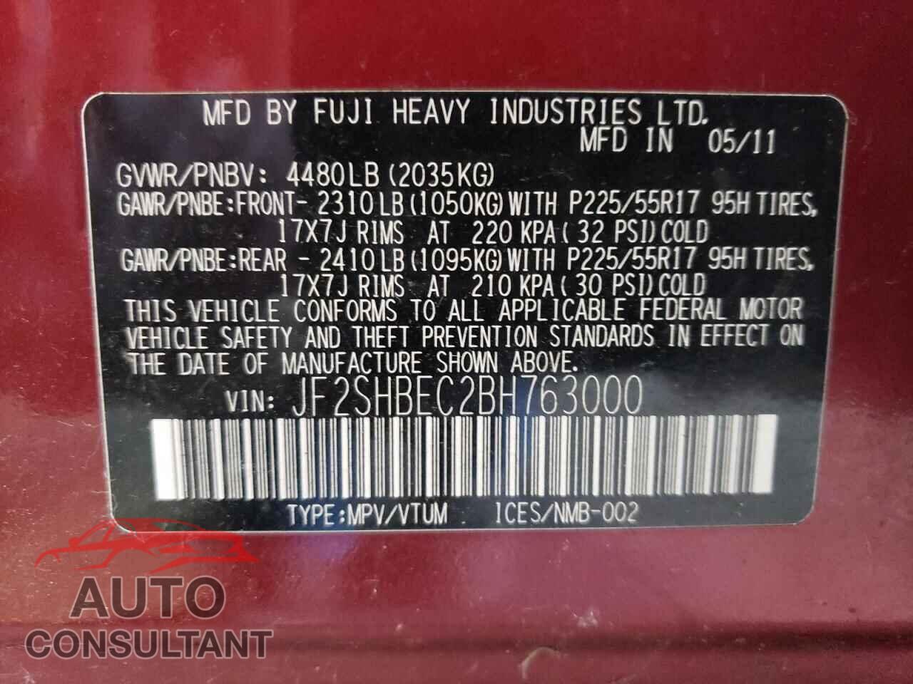 SUBARU FORESTER 2011 - JF2SHBEC2BH763000