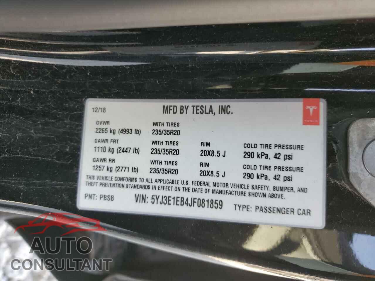 TESLA MODEL 3 2018 - 5YJ3E1EB4JF081859