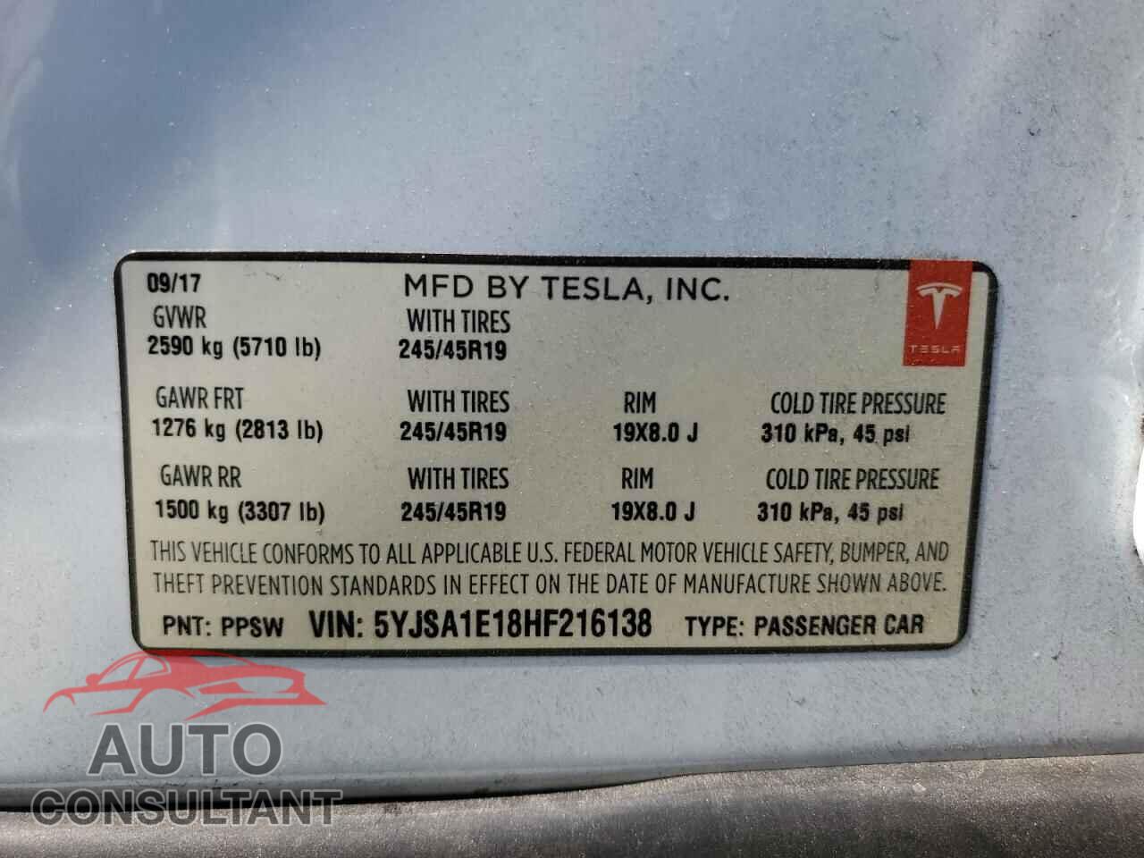 TESLA MODEL S 2017 - 5YJSA1E18HF216138