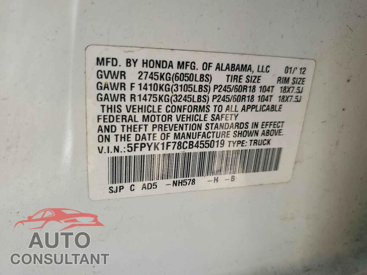 HONDA RIDGELINE 2012 - 5FPYK1F78CB455019