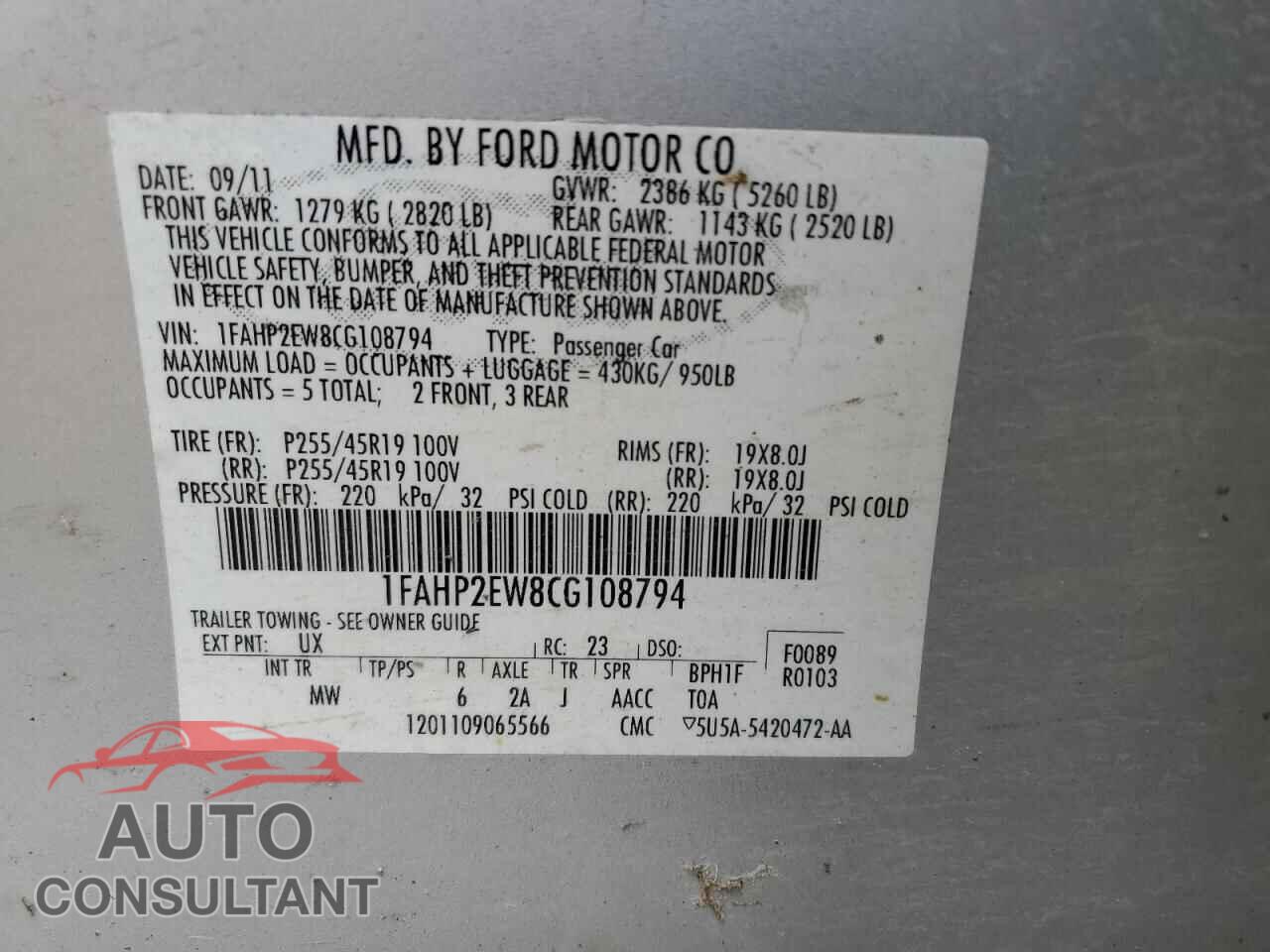 FORD TAURUS 2012 - 1FAHP2EW8CG108794