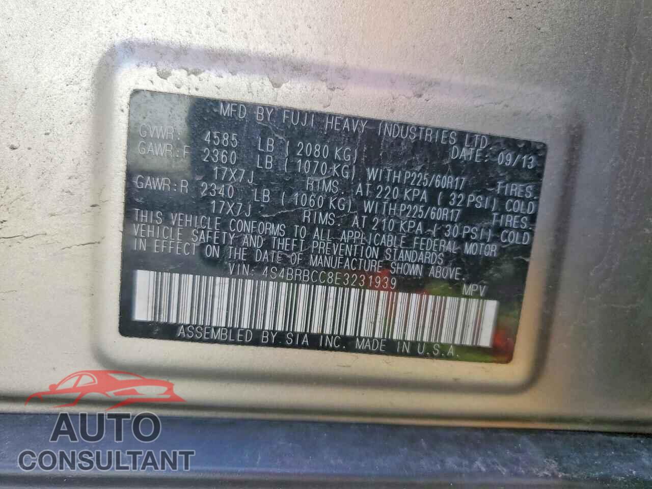 SUBARU OUTBACK 2014 - 4S4BRBCC8E3231939