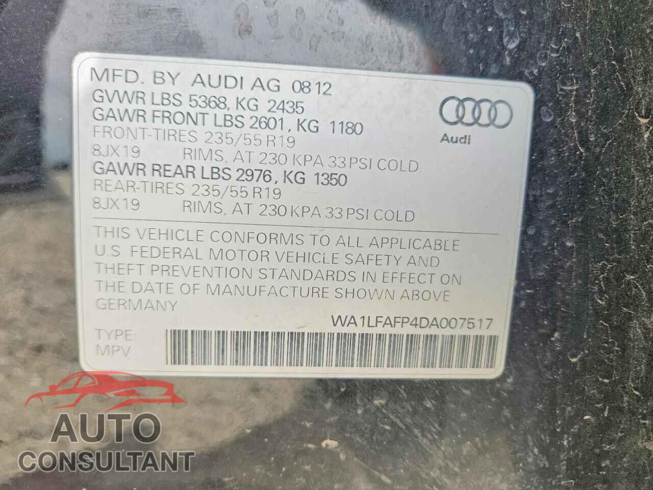 AUDI Q5 2013 - WA1LFAFP4DA007517
