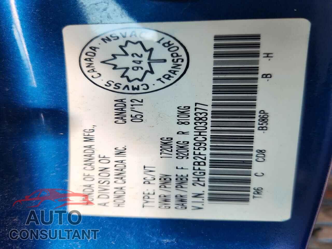 HONDA CIVIC 2012 - 2HGFB2F59CH038377