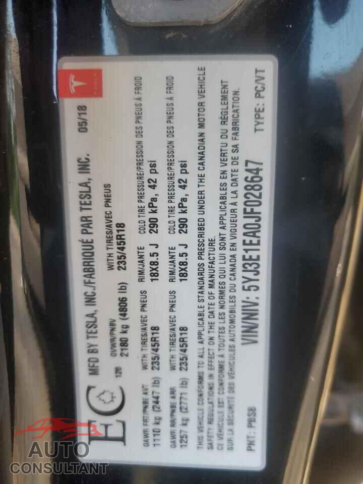 TESLA MODEL 3 2018 - 5YJ3E1EA0JF028647