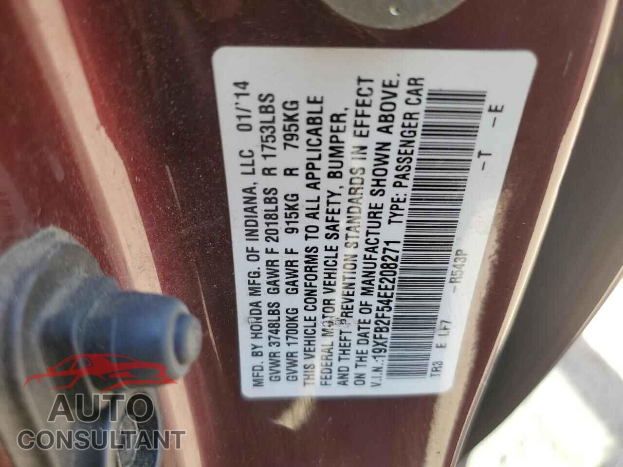 HONDA CIVIC 2014 - 19XFB2F54EE208271