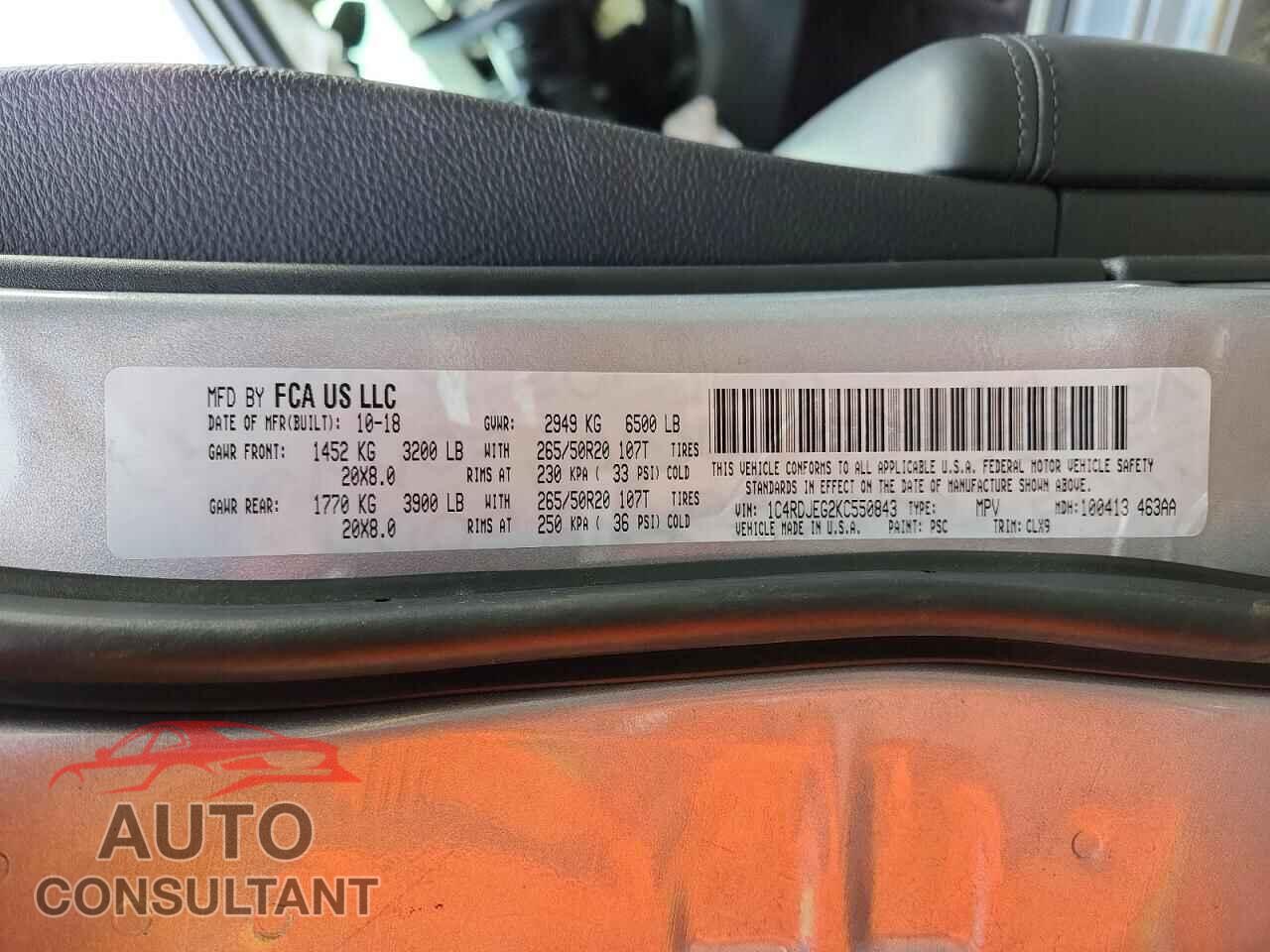 DODGE DURANGO 2019 - 1C4RDJEG2KC550843