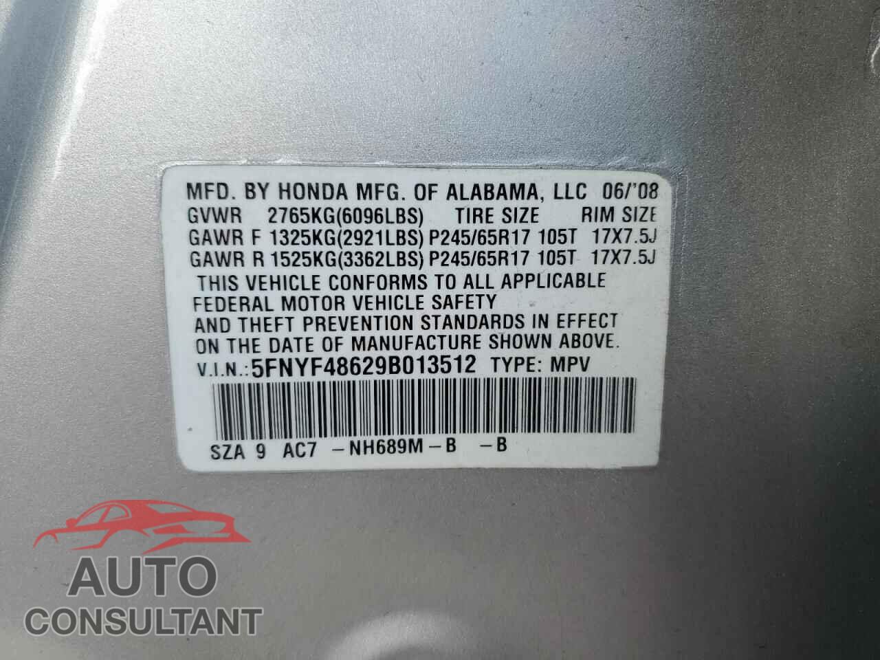 HONDA PILOT 2009 - 5FNYF48629B013512