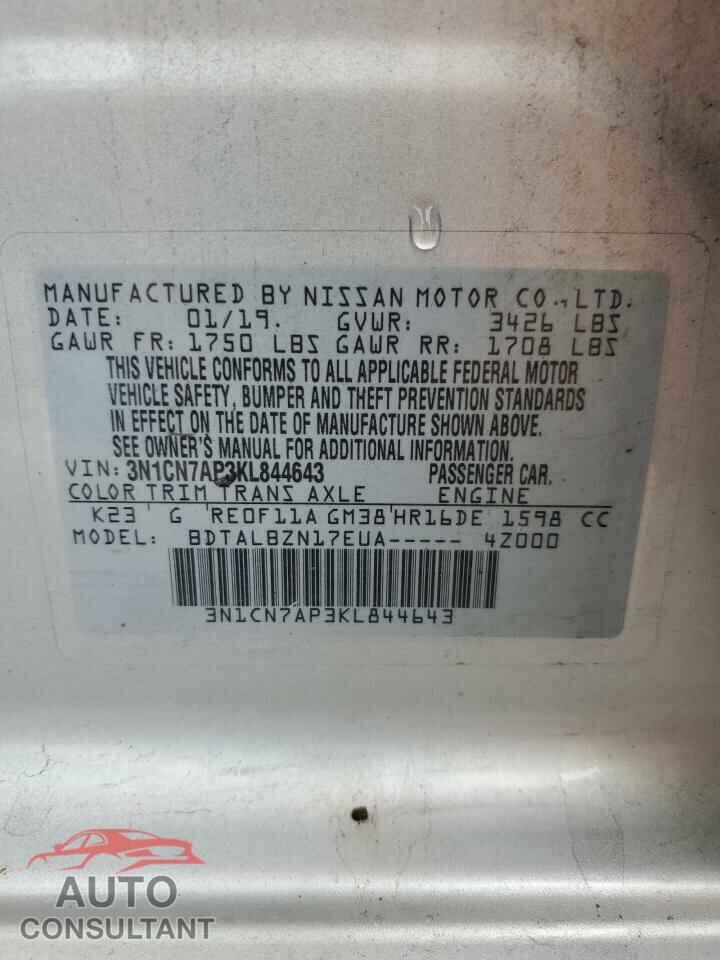 NISSAN VERSA 2019 - 3N1CN7AP3KL844643