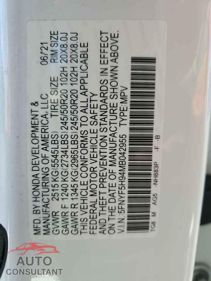 HONDA PILOT 2021 - 5FNYF5H94MB042955
