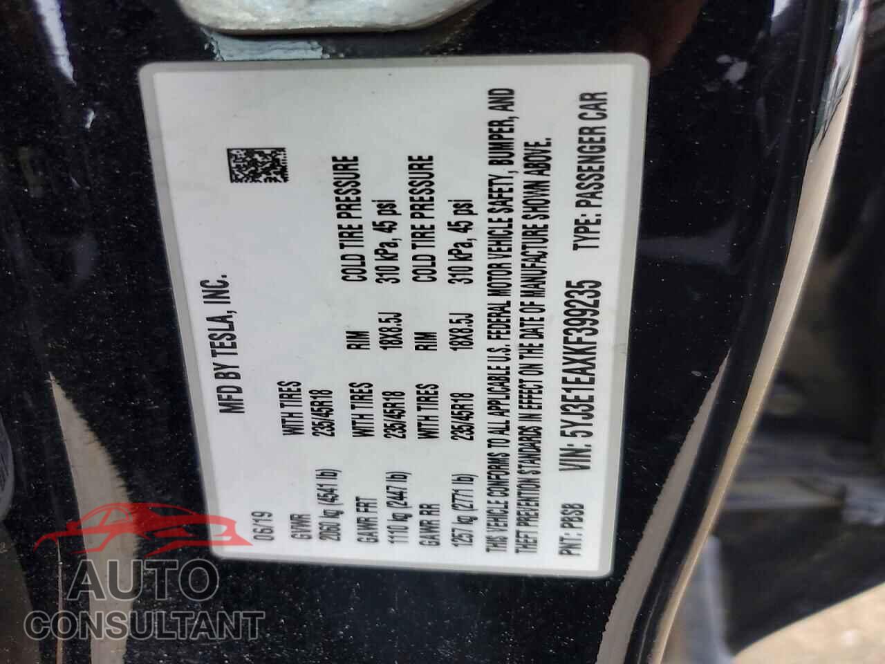 TESLA MODEL 3 2019 - 5YJ3E1EAXKF399235