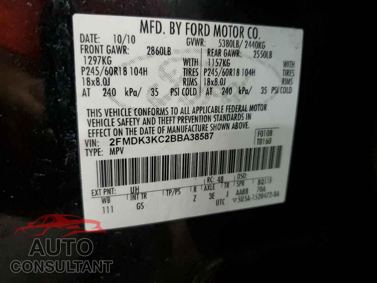 FORD EDGE 2011 - 2FMDK3KC2BBA38587