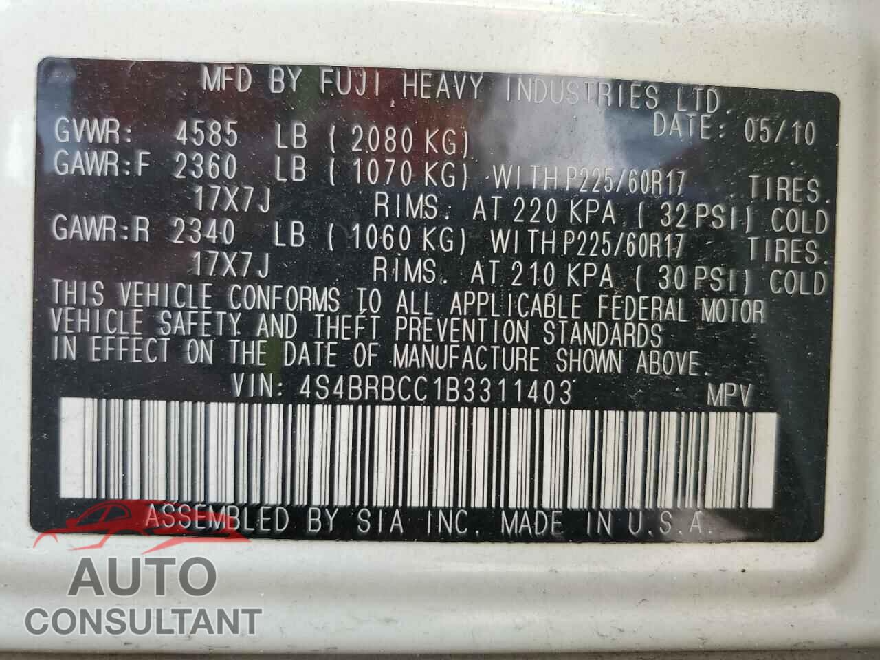 SUBARU OUTBACK 2011 - 4S4BRBCC1B3311403