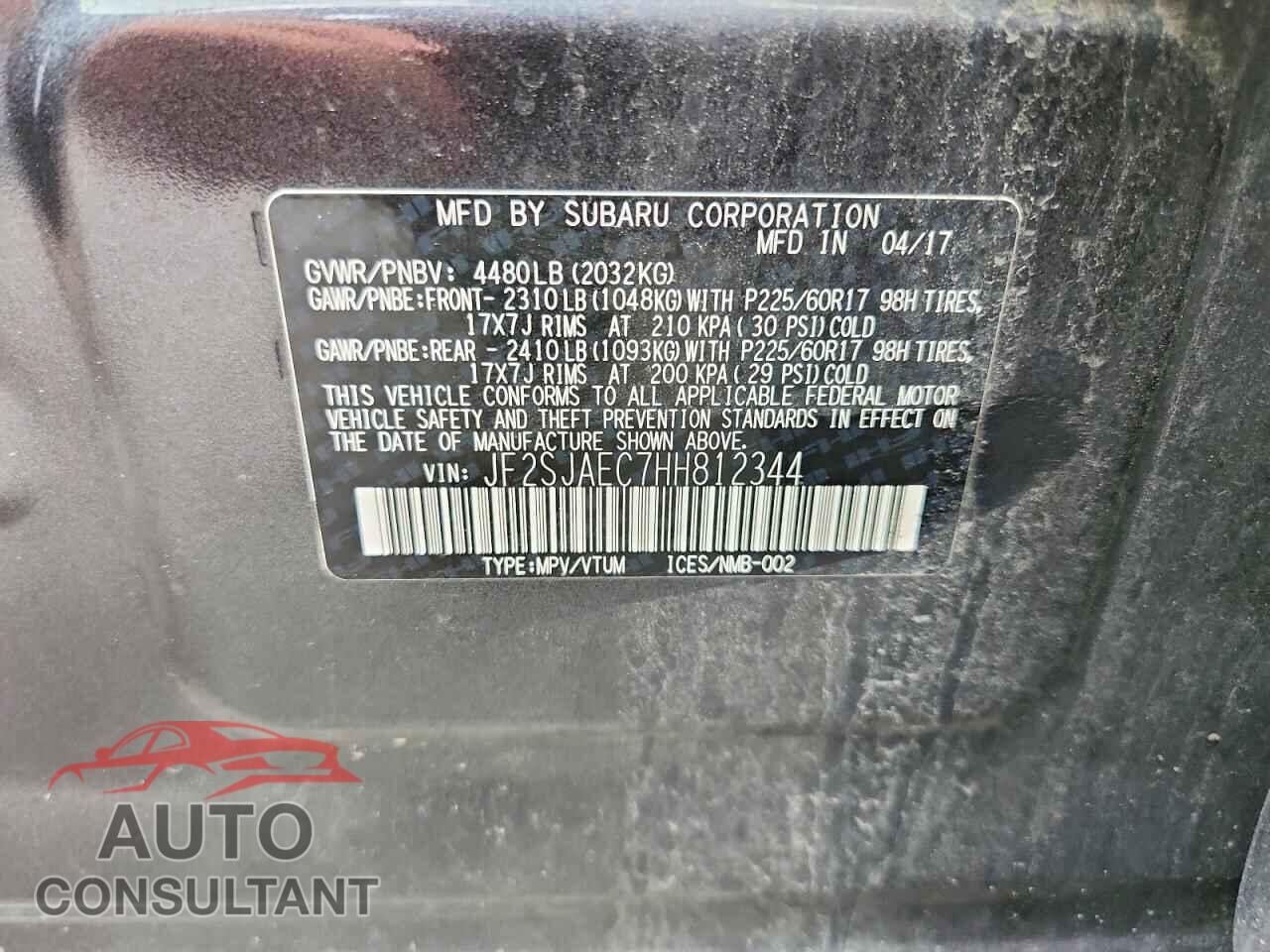 SUBARU FORESTER 2017 - JF2SJAEC7HH812344