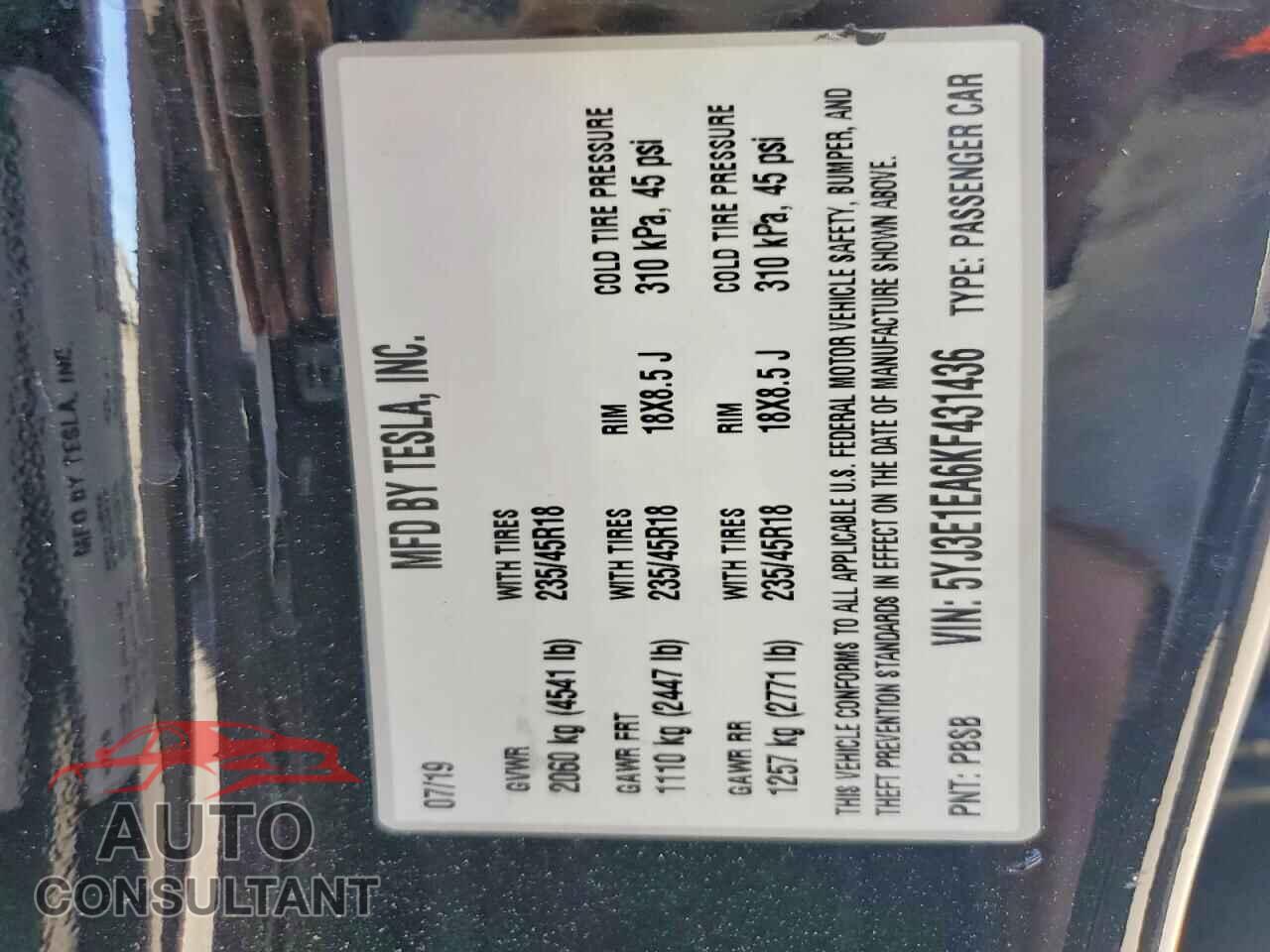 TESLA MODEL 3 2019 - 5YJ3E1EA6KF431436