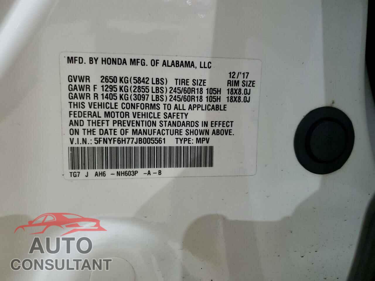 HONDA PILOT 2018 - 5FNYF6H77JB005561