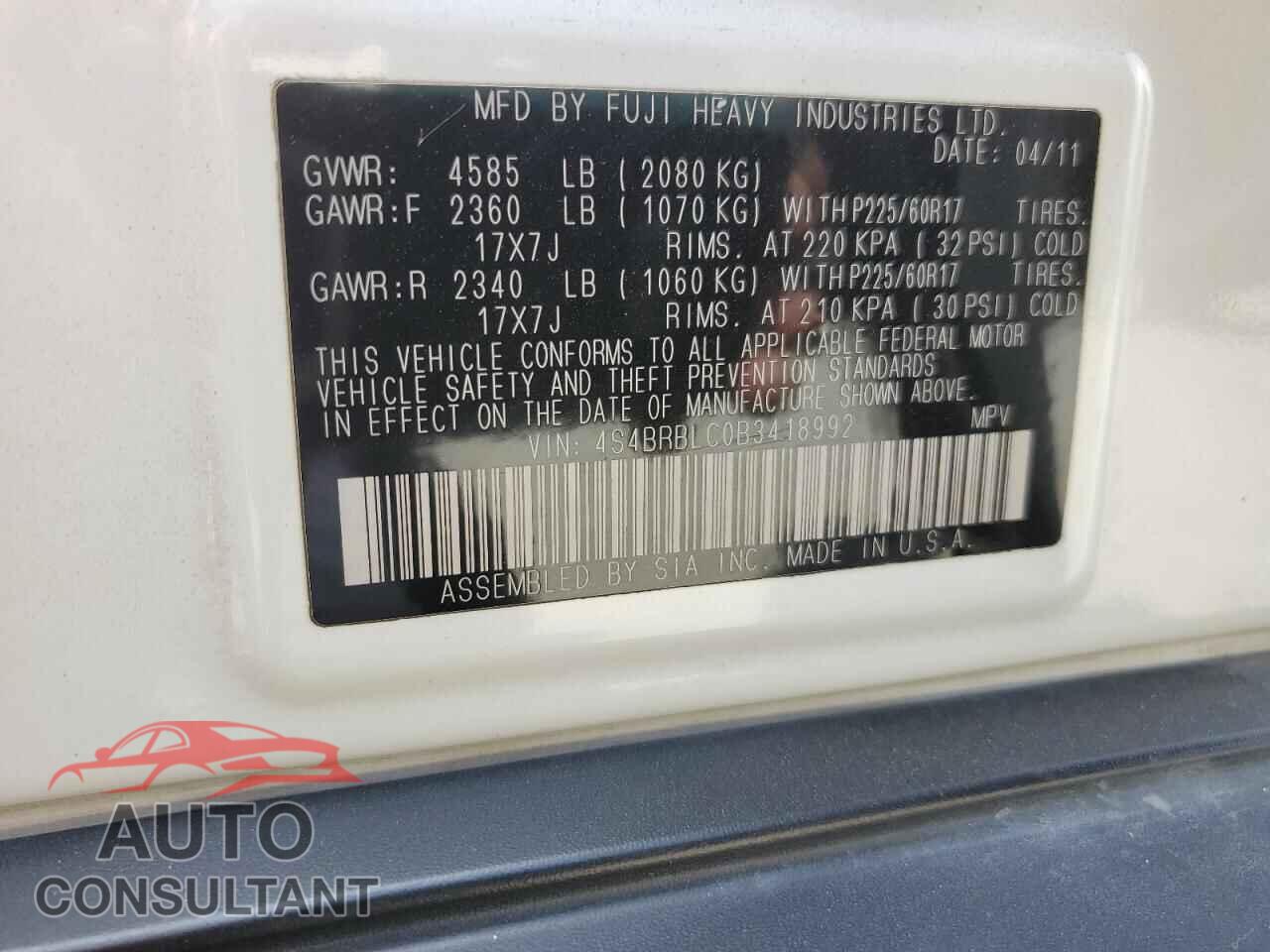 SUBARU OUTBACK 2011 - 4S4BRBLC0B3418992