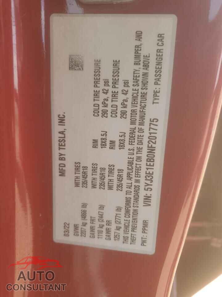 TESLA MODEL 3 2022 - 5YJ3E1EB0NF201775