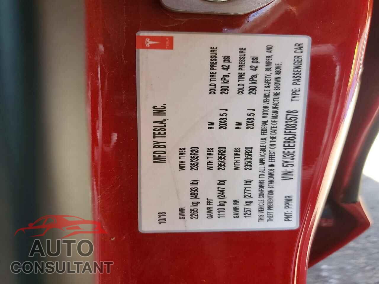 TESLA MODEL 3 2018 - 5YJ3E1EB6JF083578