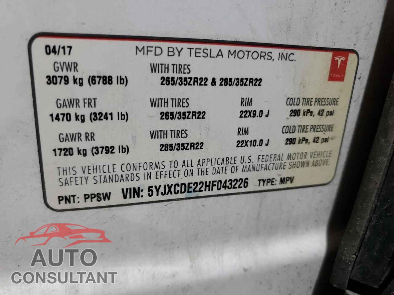 TESLA MODEL X 2017 - 5YJXCDE22HF043226