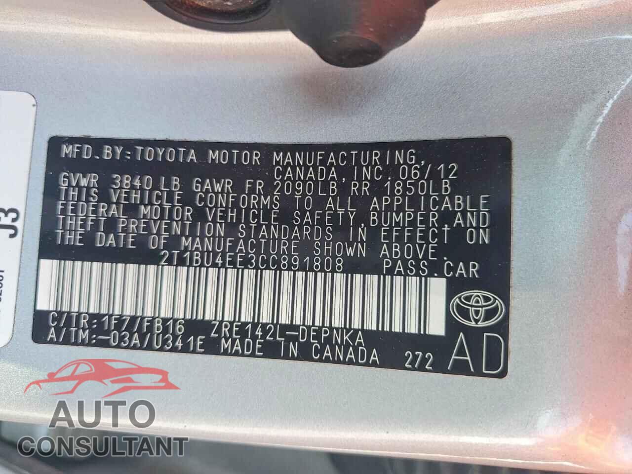TOYOTA COROLLA 2012 - 2T1BU4EE3CC891808
